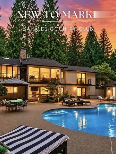 New to market in Sahalee Country Club, a home with a pool at dusk