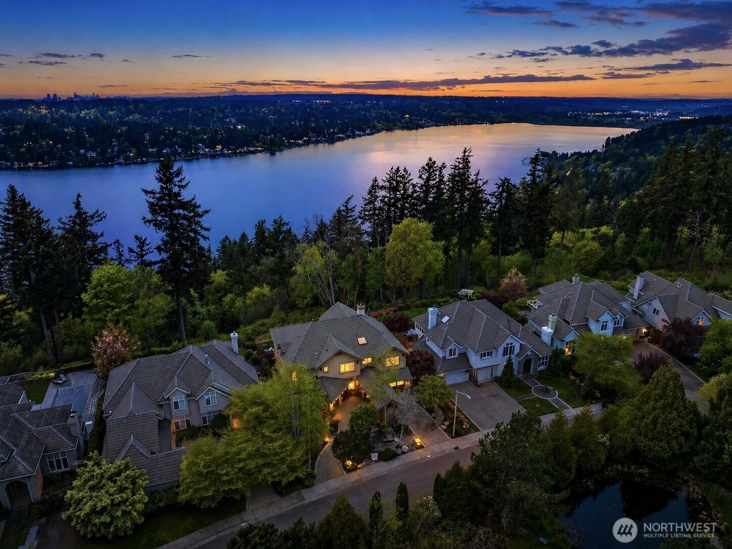 Aerial view at dusk over 2457 204th Terrace NE and Lake Sammamish