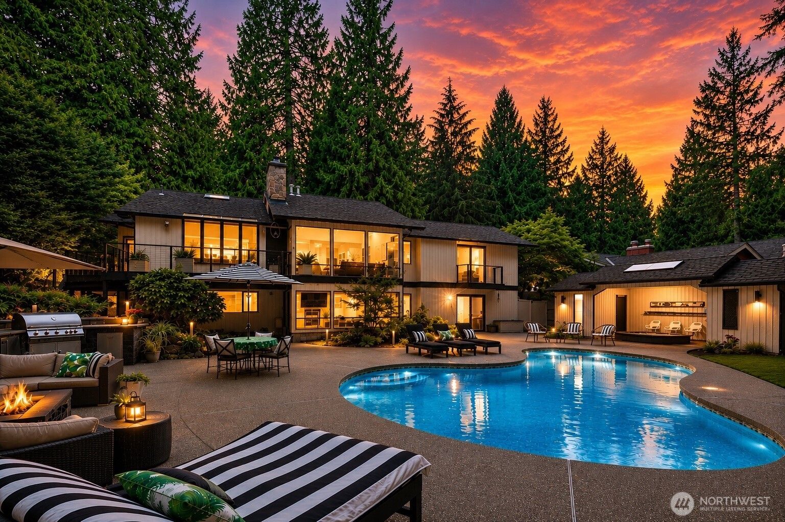 Pool and patio behind 3212 211th Ave NE, Sammamish, at sunset