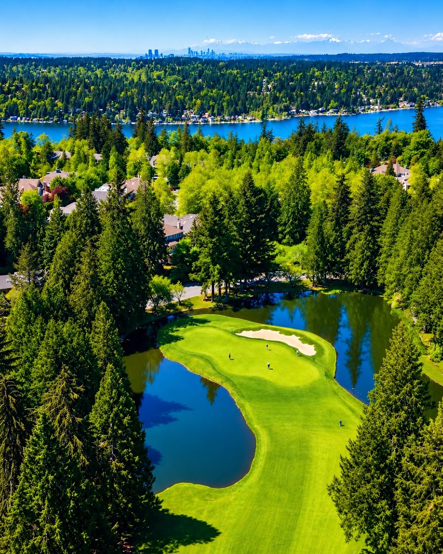 Aerial view of a Sahalee Country Club green and pond, with Lake Sammamish, Seattle and the Olympic Mountains beyond